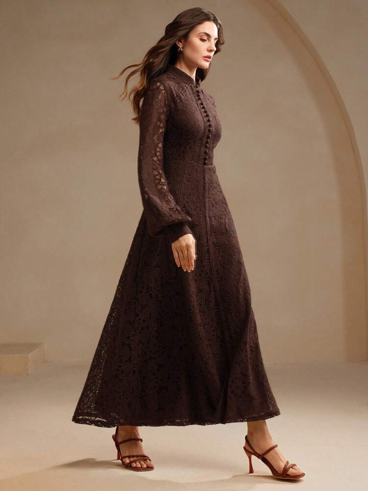 Women's Long Sleeve Lace Wine Red Dress Maxi Women Outfit