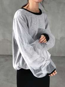 FRIFUL Women Mesh Contrast Loose Batwing Sleeve Round Neck T-Shirt - Grey - View 5