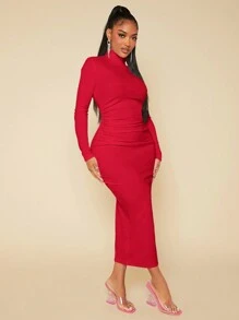 SHEIN SXY 高领纯色紧身褶皱白色连衣裙 - 紅色 - 查看 4