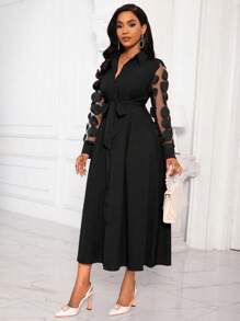 Lyxana Women's Autumn Patchwork Circular Applique Mesh Long Sleeve Single-Breasted Elegant Shirt Dress (Asymmetric Floral Print) Fall Cloth For Women