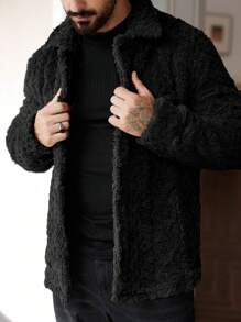 Manfinity Homme Men's Casual Solid Color Fuzzy Jacket For Autumn/Winter ,Men Flannel,Winter Men Jacket