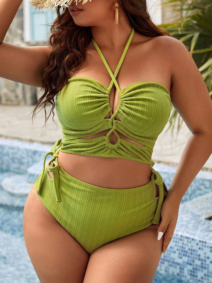 Swim Vcay Hơn Textured Bộ Bikini Áo hai dây & Bên dây rút Eo cao Đáy 2 mảnh Bộ đồ tắm - Màu xanh Ô liu - Xem 1