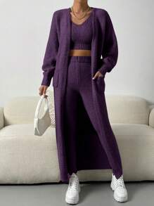 Chiquease 3 Peças Conjunto de Roupas Roxas Femininas: Regata Aveludada de Cor Sólida, Calça Longa, Cardigã Longo Com Bolsos - Roxo - Visão 5