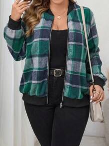 SHEIN LUNE Chaqueta acolchada de talla grande para mujeres con diseño a cuadros en verde y negro, de manga larga y costilla, cómoda para el invierno y las fiestas