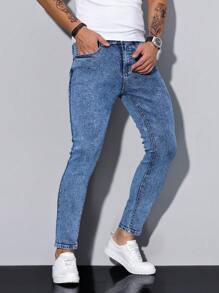 Manfinity Homme Men's Casual Washed Slim Fit 7/8 Length Denim Jeans - Medium Wash - View 6