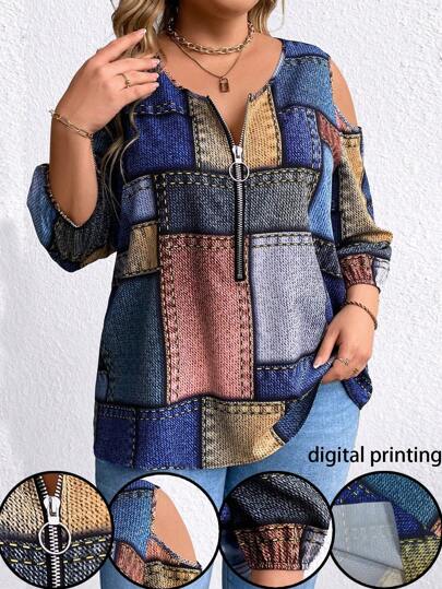 EMERY ROSE Chemisier À Motif Patchwork À Demi-patte De Boutonnage À Fermeture Éclair De Grande Taille