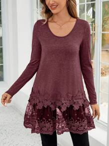 EMERY ROSE 1pc Women's Solid Color Round Neck Lace Patchwork Casual Versatile Long Sleeve T-Shirt