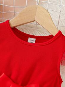 SHEIN Elladie kids Vestido de princesa elegante y vintage de malla roja con volantes para niñas bebés, apto para fiestas, cumpleaños, sesiones de fotos, actividades al aire libre, festivales, primavera/verano - Rojo - Ver 5