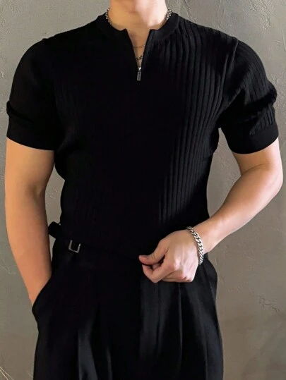 DAZY 男士纯色拉链短袖休闲针织上衣，秋冬款四分之一拉链男装