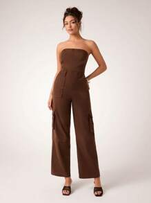 Glamine Mono de unicolor con bolsillos, diseño de parte superior sin mangas, atuendo elegante para fiestas navideñas, elegante para Año Nuevo, ropa de invierno para mujeres - Marrón - Ver 5