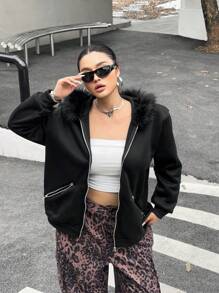 Flirla Plus Size Women Fluffy Trim Sweatshirt Jacket With Pockets And Zipper, For Winter - Black - View 1