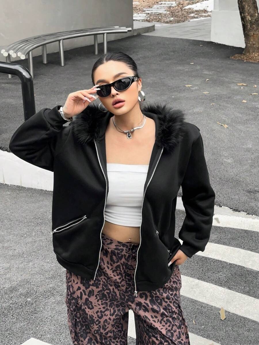 Flirla Plus Size Women Fluffy Trim Sweatshirt Jacket With Pockets And Zipper, For Winter - Black - View 1