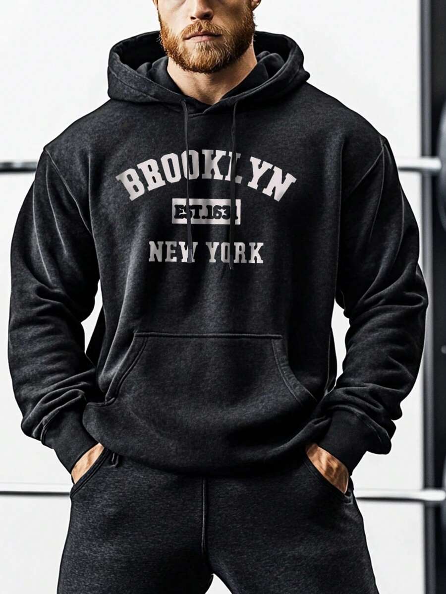 Manfinity Sport Corelite 男友风格男士休闲字母印花抽绳连帽运动衫，运动服长袖图案健身运动衫 - 黑色 - 查看 1