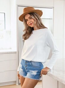 SHEIN LUNE Damen einfarbiges Rippenstruktur Carmen-Ausschnitt T-Shirt mit Rundhalsausschnitt und Bogenausschnitt, Langarm