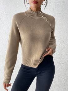 Chiquease Damen Pullover mit hohem Kragen, schräger Kante und Metallknöpfen, Strickpullover für Herbst und Winter
