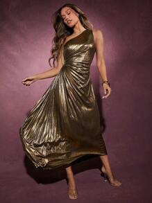 Hauture Winter Women Clothes, Women's Elegant One-Shoulder, Waist Hollowed-Out Gold Metallic Pleated Long Dress, Dress. For Date Night, Concerts, Performances, Wedding, Parties, Clubs, Evening, Formal Dress