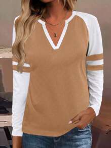 EMERY ROSE Women Color Block Notch Neck Long Sleeve Casual T-Shirt, Autumn Graphic Tees Women Tops For Spring - Multicolor - View 3