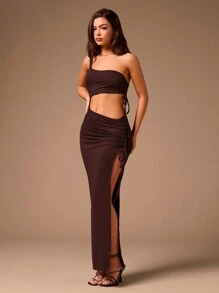 Glamine 女士优雅性感纯色单肩露背侧开衩连衣裙，迷人圣诞派对装长款女士装