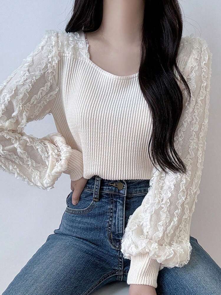 Women's Contrast Lace Lantern Sleeve Round Neck Body-Conscious Elegant Long Sleeve T-Shirt, Apricot, Spring/Summer/Autumn