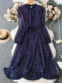 SHEIN Clasi Vestido morado brillante con mangas largas, semi-transparente y forrado, talla grande, elegante para fiesta de Año Nuevo - Morado - Ver 3