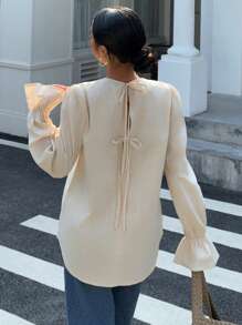 SHEIN Essnce 女士长袖衬衫 后系带泡泡长袖宽松衬衫 白领衬衫 商务/办公装 时尚衬衫 女装 杏色长袖衬衫 - 杏色 - 查看 3