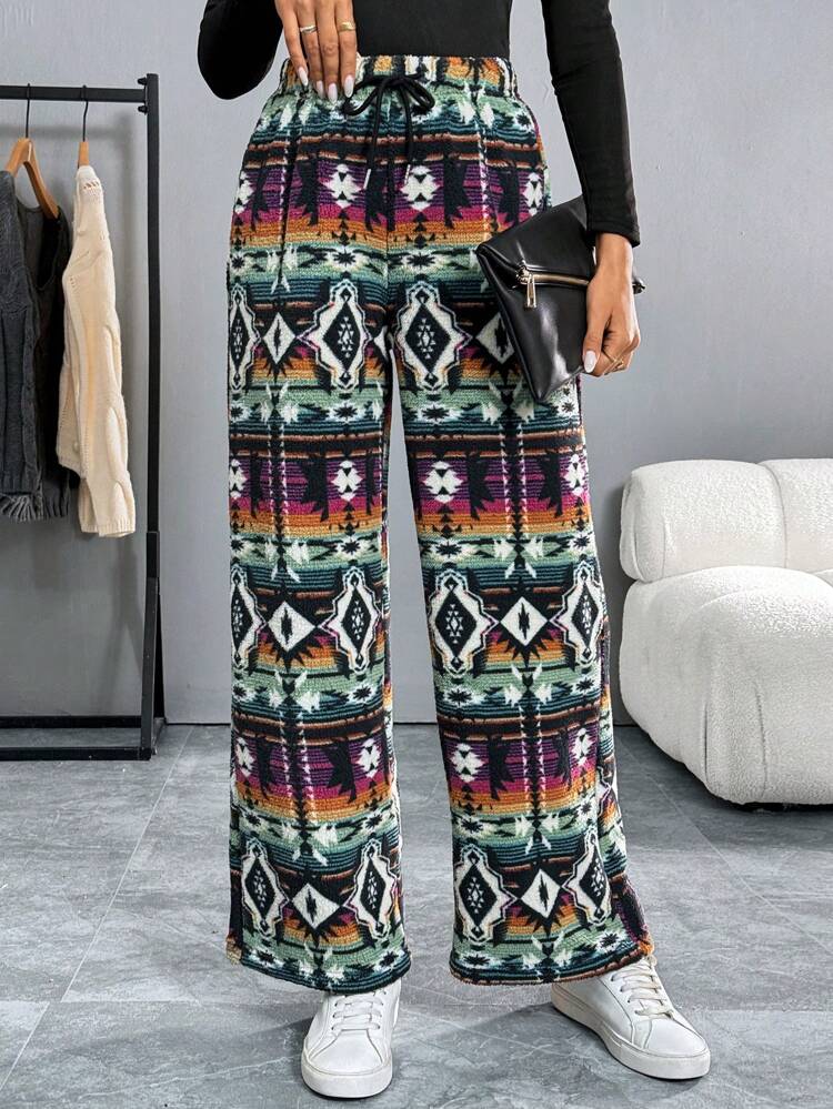 Women's Casual Elastic Waist Straight Leg Plaid Pants, Autumn Season