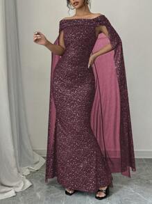 Rafferiza Women's Elegant Off Shoulder Glitter Printed Ruffle Dress Burgundy Maxi Women Outfit Star Dressdress Burgundygoddess Dressmaroon Dress Elegantoff Shoulder Long Dress Fall Cloth For Women - Burgundy - View 6