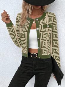SHEIN LUNE Casual Geometric Pattern Cardigan, Cropped Length For Autumn Fall Cloth For Women - Army Green - View 3