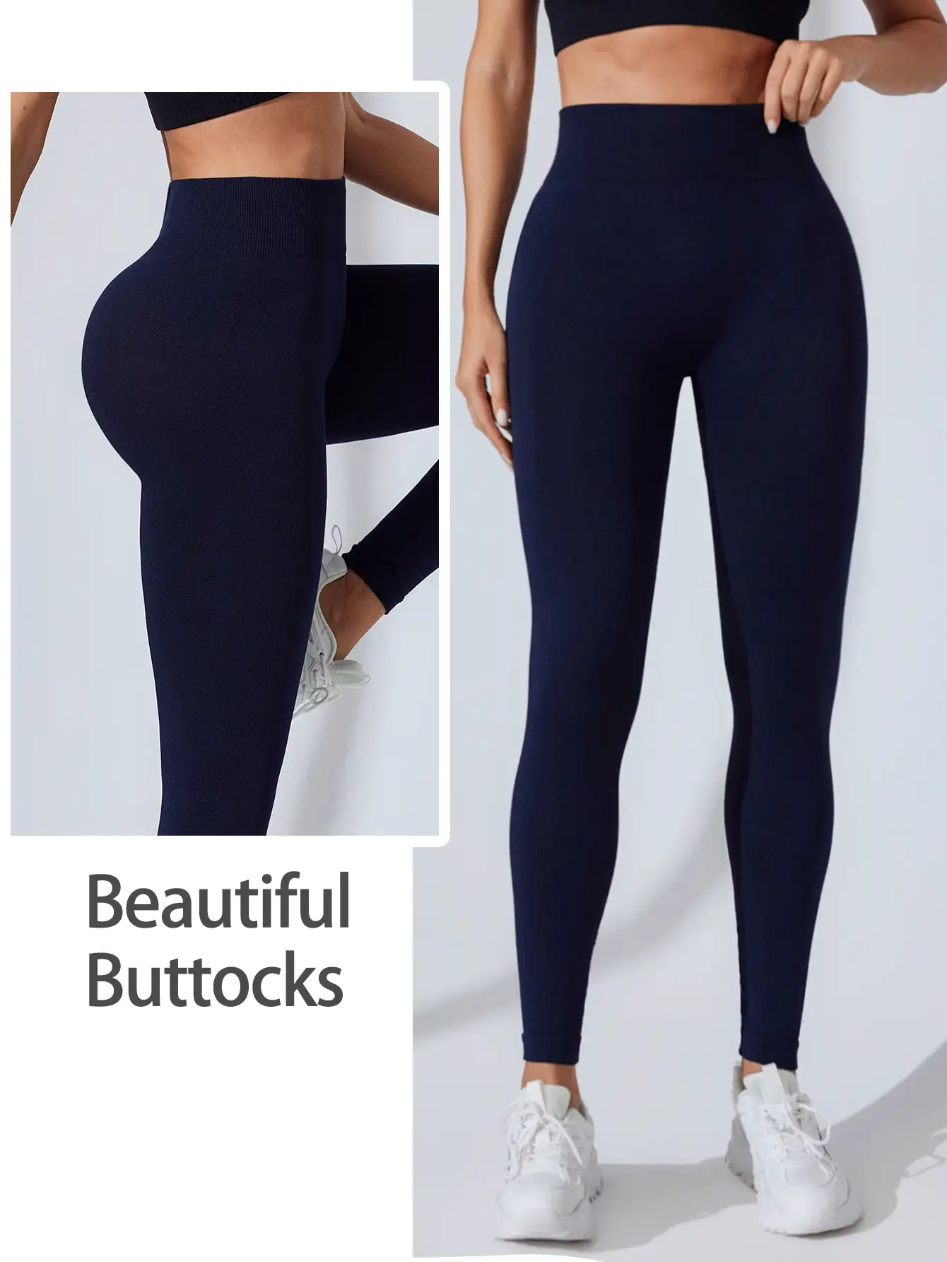 Seamluxe SHEIN Sport 女士纯色弹性腰部无缝紧身裤 - 藏蓝色 - 查看 3