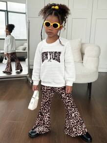 Conjunto de 2 piezas para niña con estampado de leopardo: sudadera holgada con gráfico "NEW YORK" y pantalones de punto acampanados con estampado de leopardo, ideal para otoño e invierno, perfecto para uso casual, diario, escuela, universidad, fiestas, acolchado, abrigado - Multicolor - Ver 5