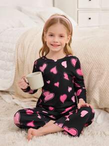 SHEIN 2pcs/Set Minimalist Heart Print Casual Round Neck Long Sleeve Loose & Comfy Pajama Set For Young Girls, Valentine's Day Sibling Outfits (Sold Separately) - Black - View 3