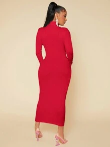 SHEIN SXY 高领纯色紧身褶皱白色连衣裙 - 紅色 - 查看 2