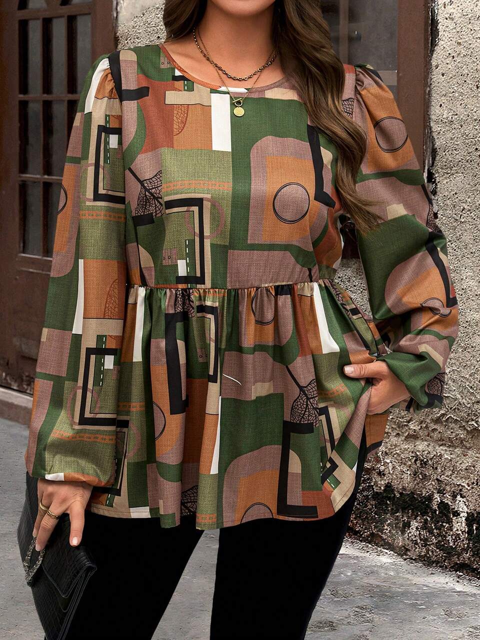 Plus Size Women Geometric Print Lantern Sleeve Loose Smock Blouse, Autumn/Winter