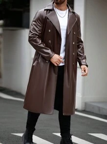 Manfinity Homme Men's Solid Color Rib Collar Long Sleeve PU Leather Casual Long Trench Coat, Autumn,Leather Winter Men Jacket - Brown - View 5