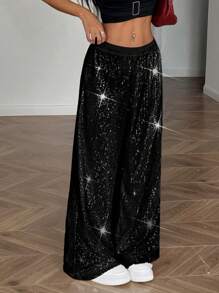 SHEIN EZwear Pantalones holgados de talla grande para mujer con cintura elástica, de pierna ancha y con lentejuelas de unicolor