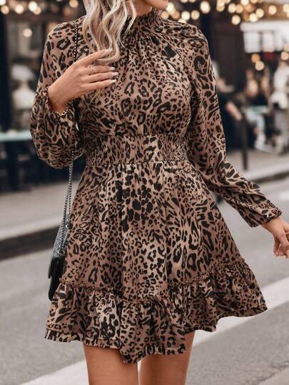 SHEIN LUNE Vintage Leopard Print Ruffle Stand Collar Lantern Sleeve Waist Drawstring Ruffle Hem Casual Commuting Elegant Mini Dress For Women, Autumn/Winter Cheetah Print Holiday Dress Birthday Outfits For Women Business Casual Woman New Years Women Outfit Vacation Outfits Woman Dress Casual