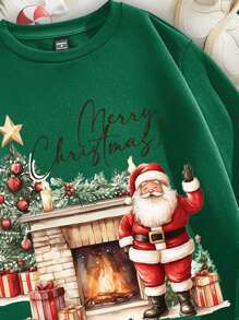 Manfinity Homme Olive Green Drop Shoulder Loose Fit Pullover Fleece Sweatshirt, For Christmas - Dark Green - View 2