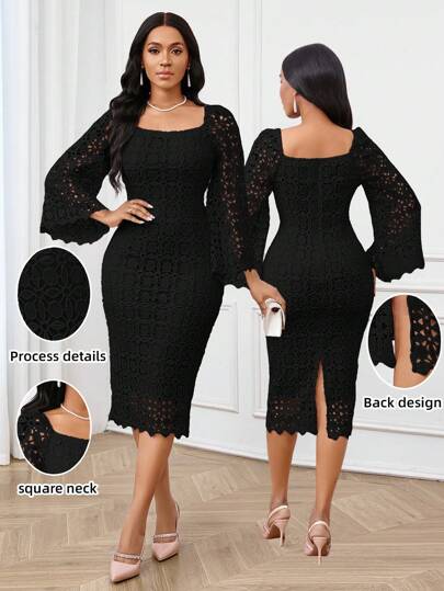 SHEIN Lady 四季秋装化妆舞会礼服优雅女士连衣裙秋季紫色连衣裙蕾丝镂空面料婚纱紫色返校节礼服演唱会女士蕾丝长袖装优雅修身喇叭长袖连衣裙秋季女装