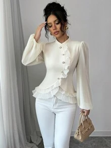 Elenzga Damen Bluse mit Knopfleiste, Rüschenkragen und Langarm, minimalistisch, für den Alltag