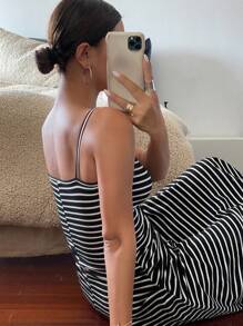 Livesso Women's Long Striped Print Backless Sleeveless Cami Dress Sundress Maxi Dress - Black - View 7