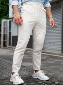 Manfinity Mode Quần âu ống côn màu trơn thường ngày cho nam - Màu be - Xem 5