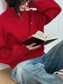 DAZY 1pc Women Solid Color Front Zipper Long Sleeve Sweater, Casual For Everyday,Fall Women Clothes - Red - View 6