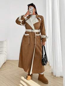 Flirla Chaqueta larga de talla grande informal con falso y ribete de pelo
