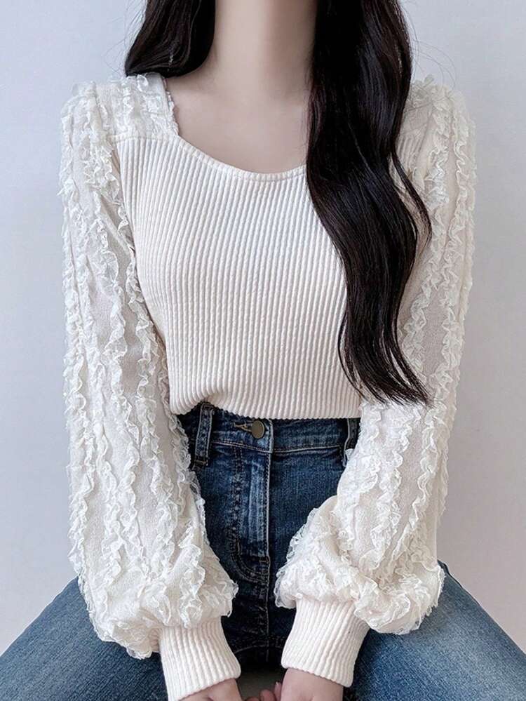 Women's Contrast Lace Lantern Sleeve Round Neck Body-Conscious Elegant Long Sleeve T-Shirt, Apricot, Spring/Summer/Autumn