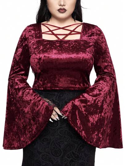 Christmas Plus Size Women Top With Gothic Square Neck, Star Collar, Bell Sleeve, And Lace Insert