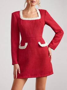 SHEIN Clasi Women's Elegant Pearl Trim Pocket Long Sleeve Tweed Mini Dress For Christmas - Red - View 3