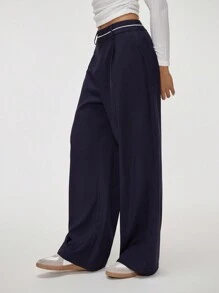 Forever 21 修身阔腿固定腰带环休闲日常穿着裤，蓝色 - 藍色 - 查看 5