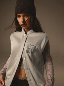 Athîral 女士字母与花卉印花单排扣休闲连帽背心，秋季 - 杏色 - 查看 6