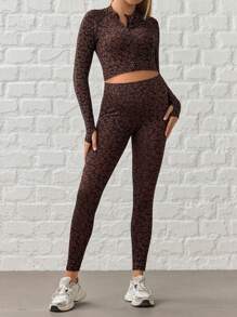 SHEIN Maternity Leopard Print Cropped Sports Jacket + Pants Set