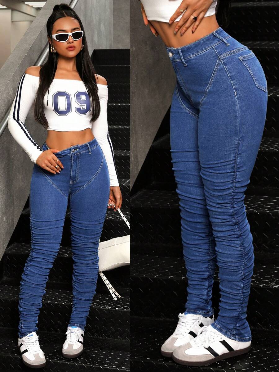 SHEIN EZwear 女士褶皱修身休闲时尚紧身牛仔裤